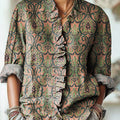 Women's Vintage Ethnic Geometric Pattern Painting Art Print Casual Cotton And Linen Ruffle Shirt