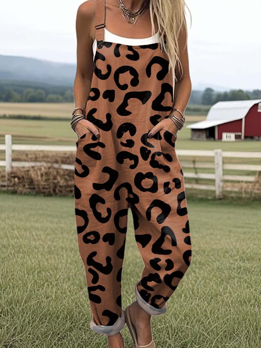 Women's Cow Pattern Art Print Casual 100% Cotton Wide Leg Jumpsuit