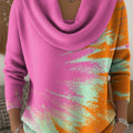 Women's Geometric Pink Contrasting Colors Print Cowl Neck Sweater