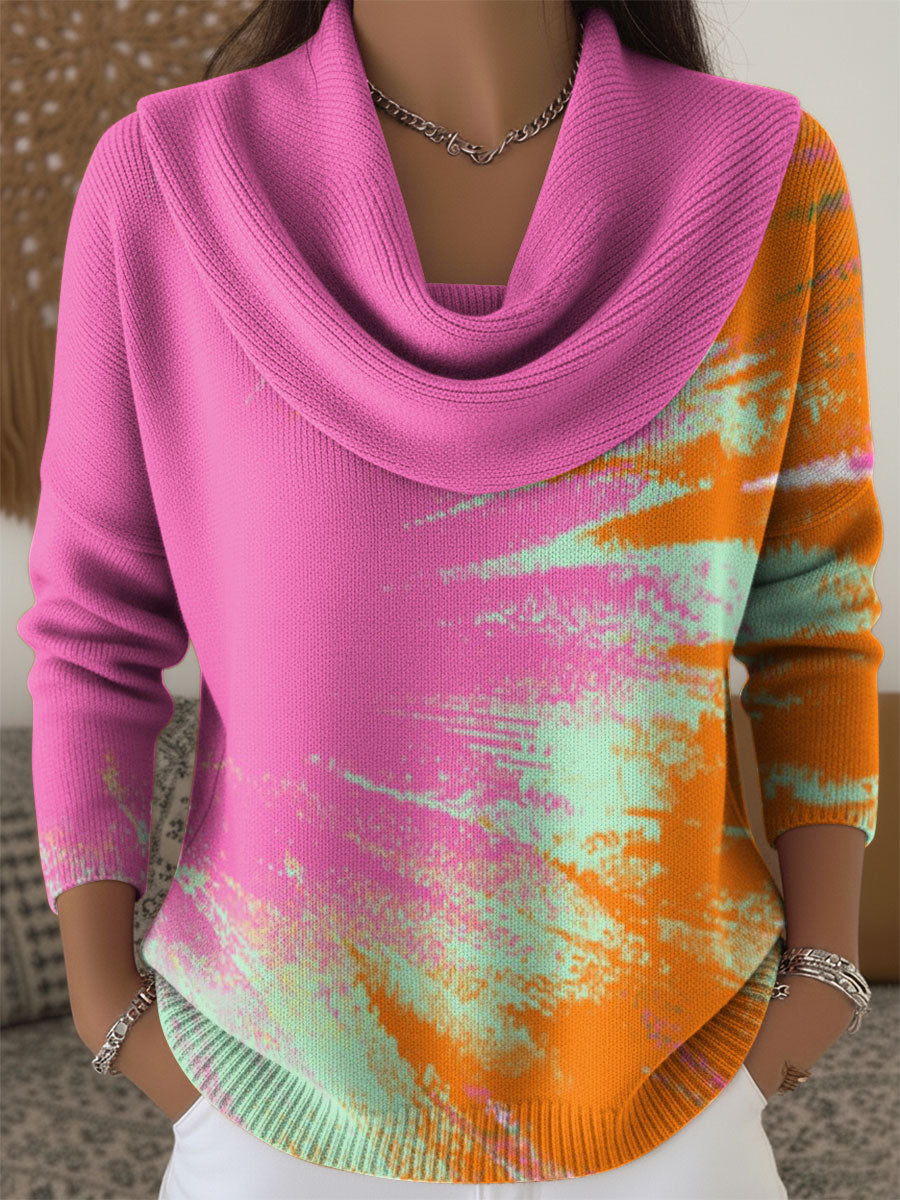 Women's Geometric Pink Contrasting Colors Print Cowl Neck Sweater