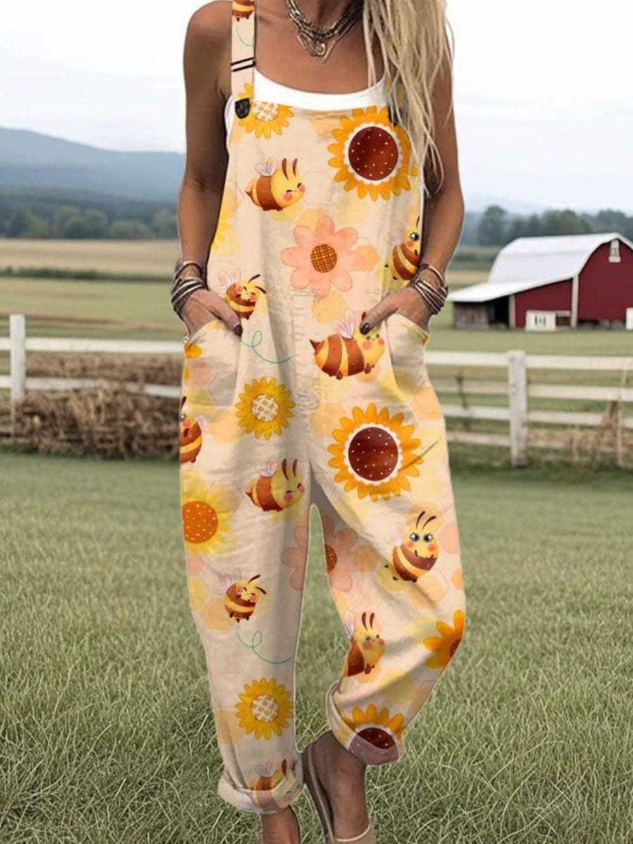 Women's  Bee Art Print Casual 100% Cotton Wide Leg Jumpsuit