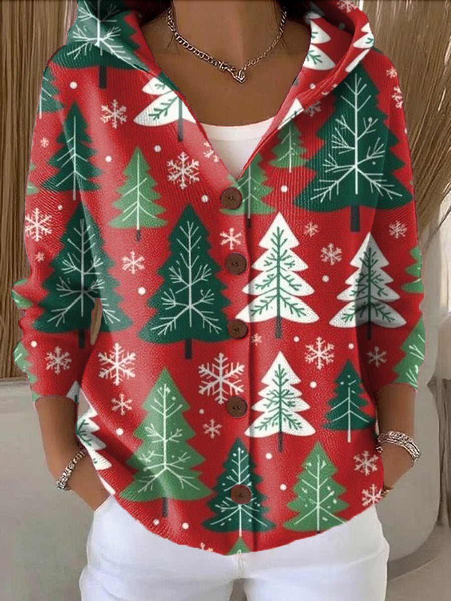Women's Cute Winter Christmas Tree Drawing Art Print Casual Hooded Button Sweater