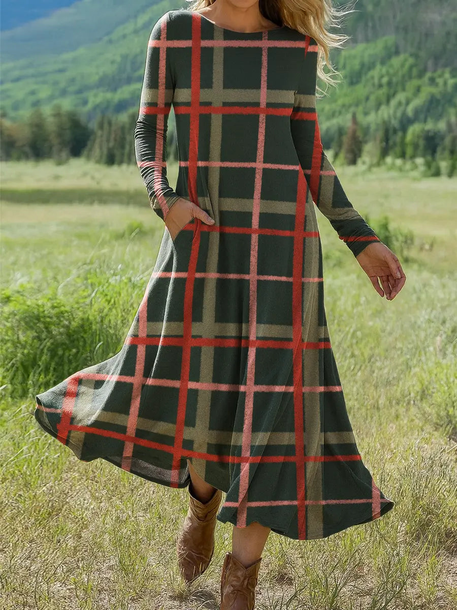 Women's Vintage  Plaid Art Print Long-sleeved Dress