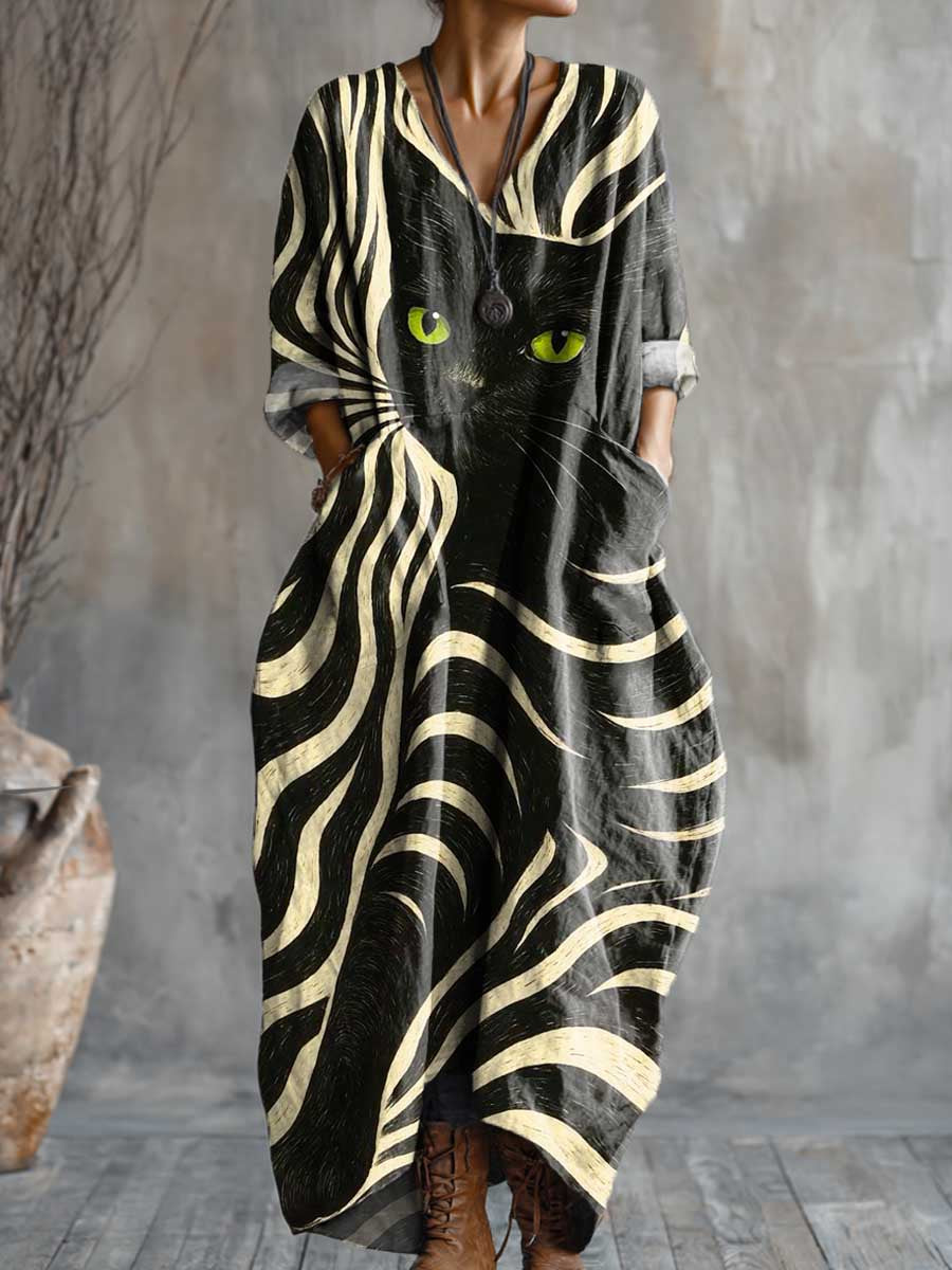 Women's Abstract Cat Art Pattern Print Pocket V-neck Cotton Dress