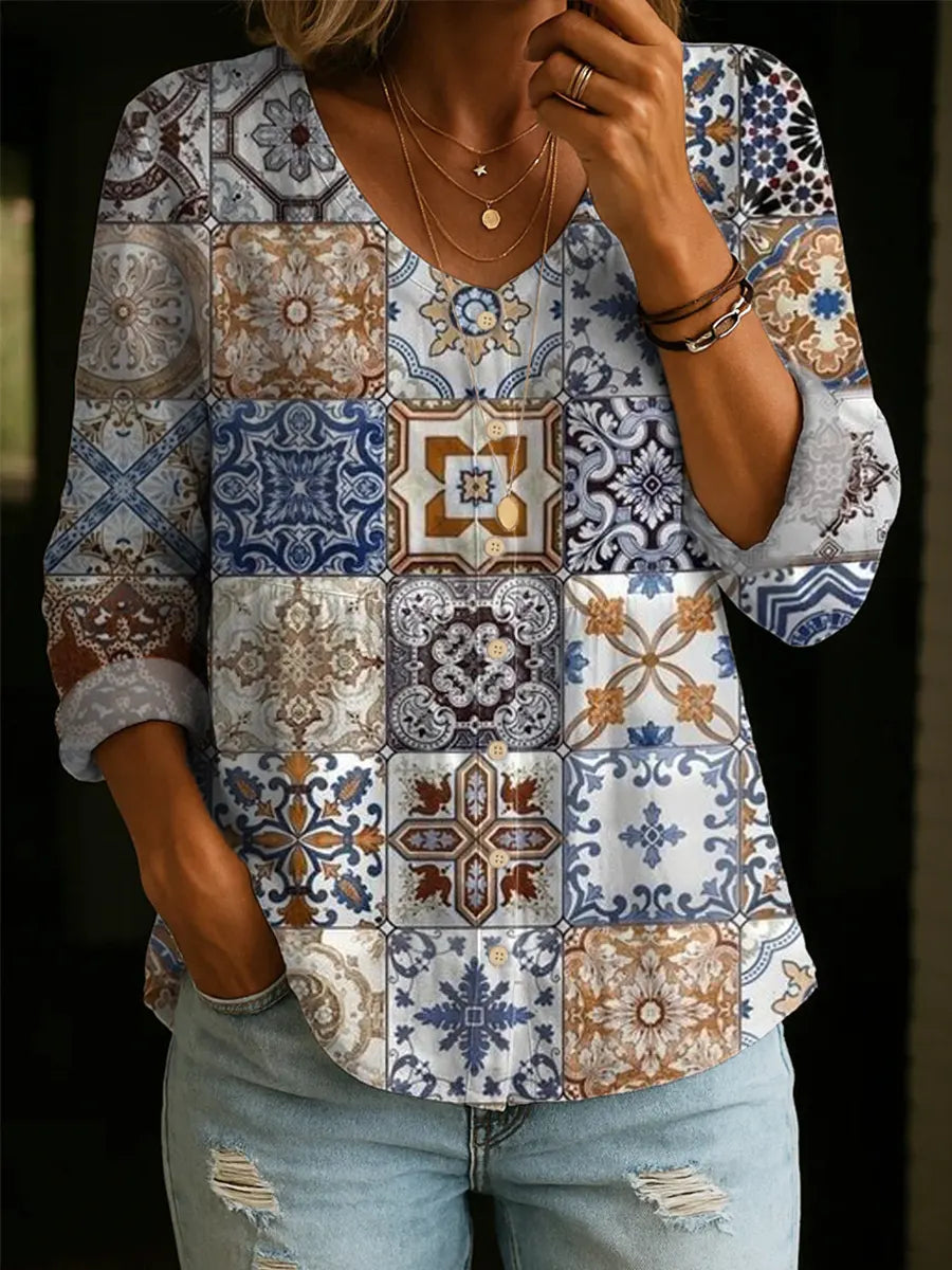 Women's Vintage Floral Pattern Art Print Casual Cotton Linen Shirt