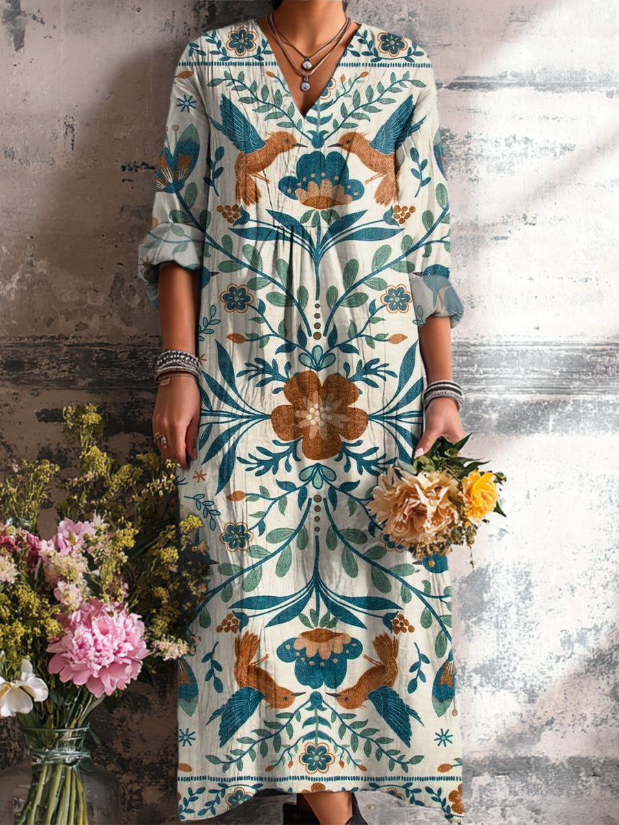 Women's Vintage Ethnic Floral Bird Painting Art Print Dress