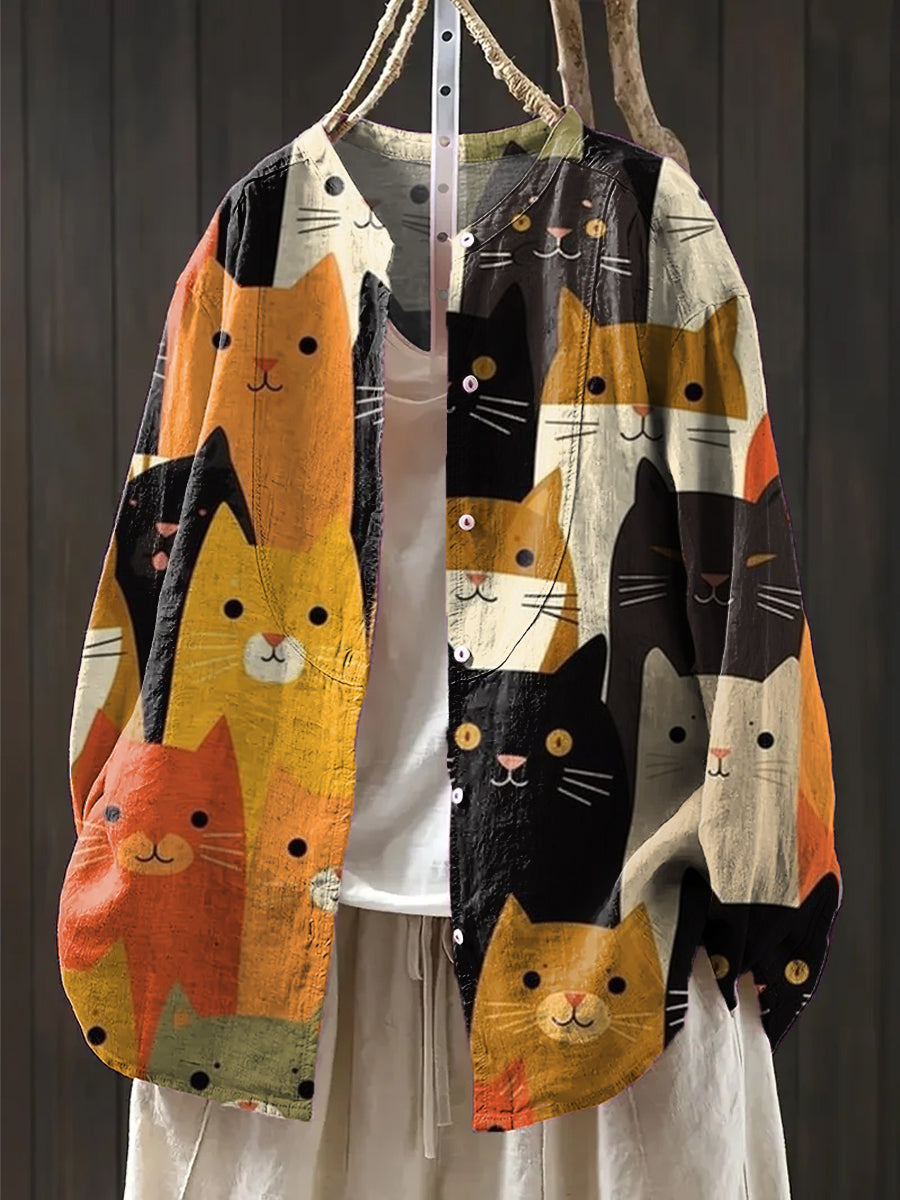 Women's Beautiful Colorful Cute Cat Painting Art Print Casual Cotton And Linen Shirt