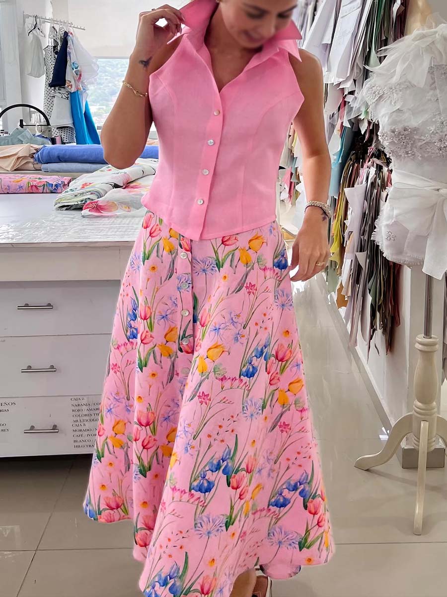Women's Lapel Sleeveless Solid Color Casual Cotton Top High Waist Floral A-Line Skirt Set