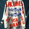 Women's Vintage Fish Sardines Art Print Casual Cotton And Linen V-neck Shirt