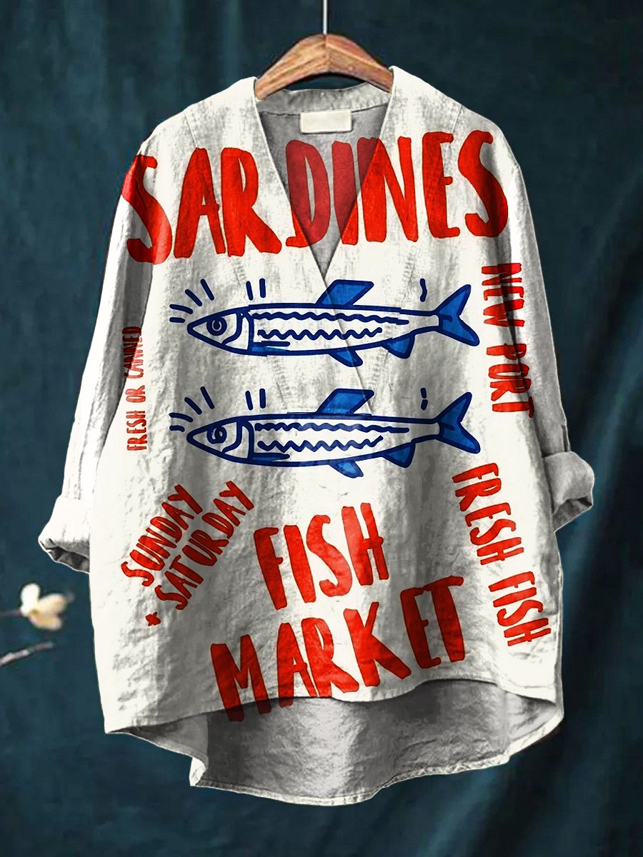Women's Vintage Fish Sardines Art Print Casual Cotton And Linen V-neck Shirt
