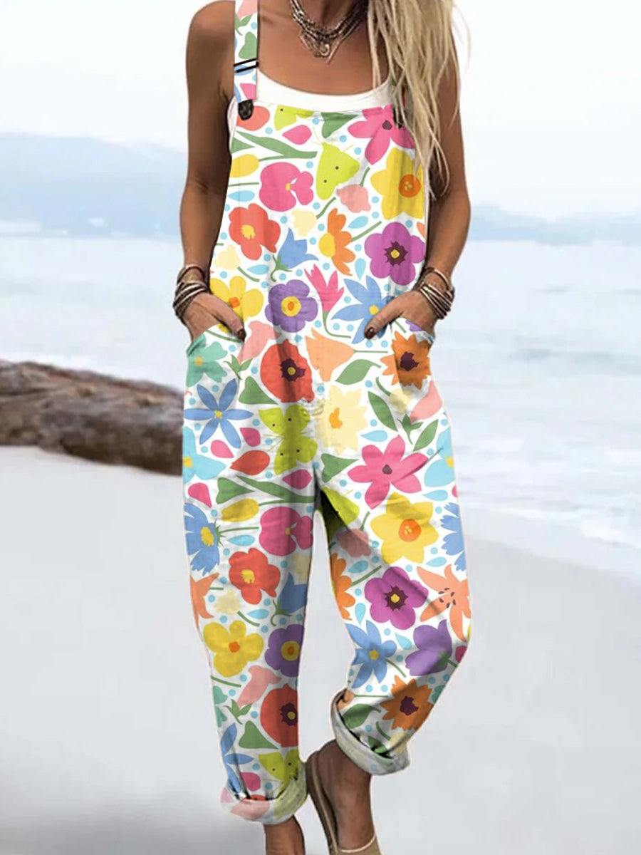 Women's Colourful Art Flowers Print Casual 100% Cotton Wide Leg Jumpsuit