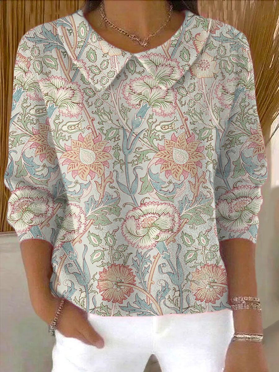 Women's Vintage Flower Art Print Casual Peter Pan Collar 3/4 Sleeve Sweater