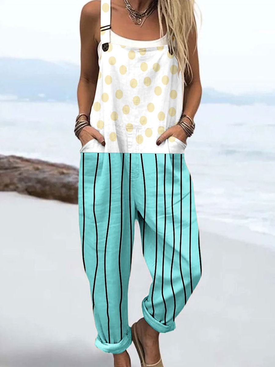 Women's Vintage Abstract Geometric Line Art Print Casual 100% Cotton Wide Leg Jumpsuit