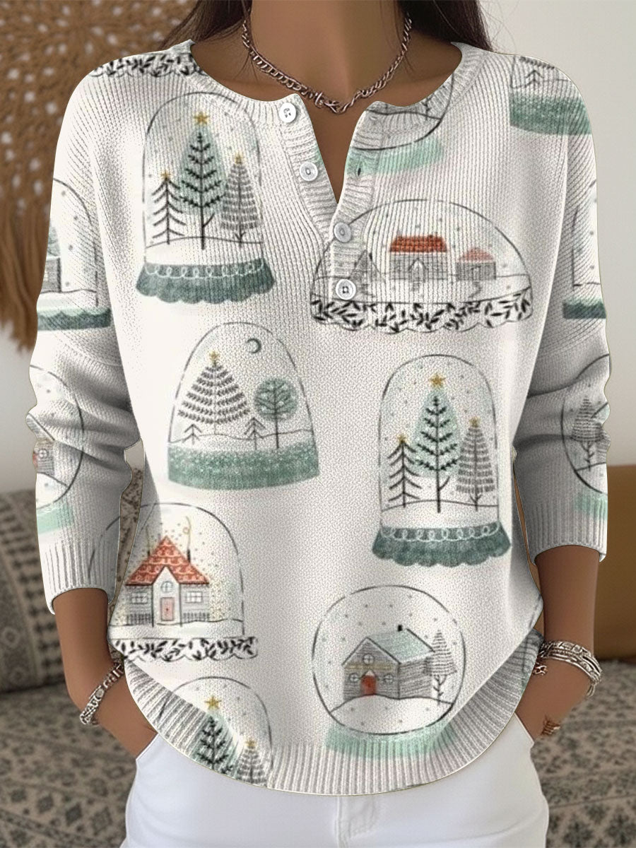 Women's Christmas Trees Pattern Art Print Buttoned Cardigan Sweater