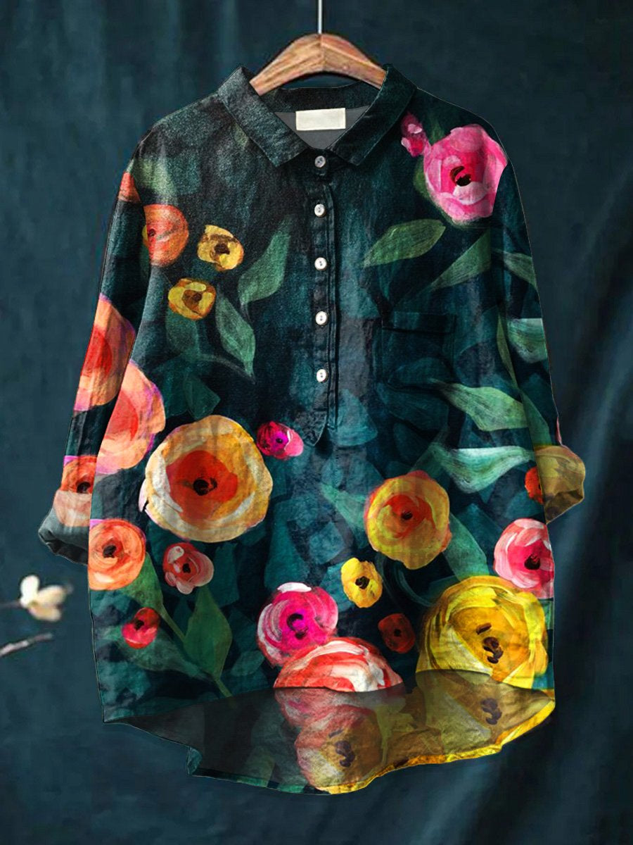 Women's  Flower Art Print Casual Cotton And Linen Shirt