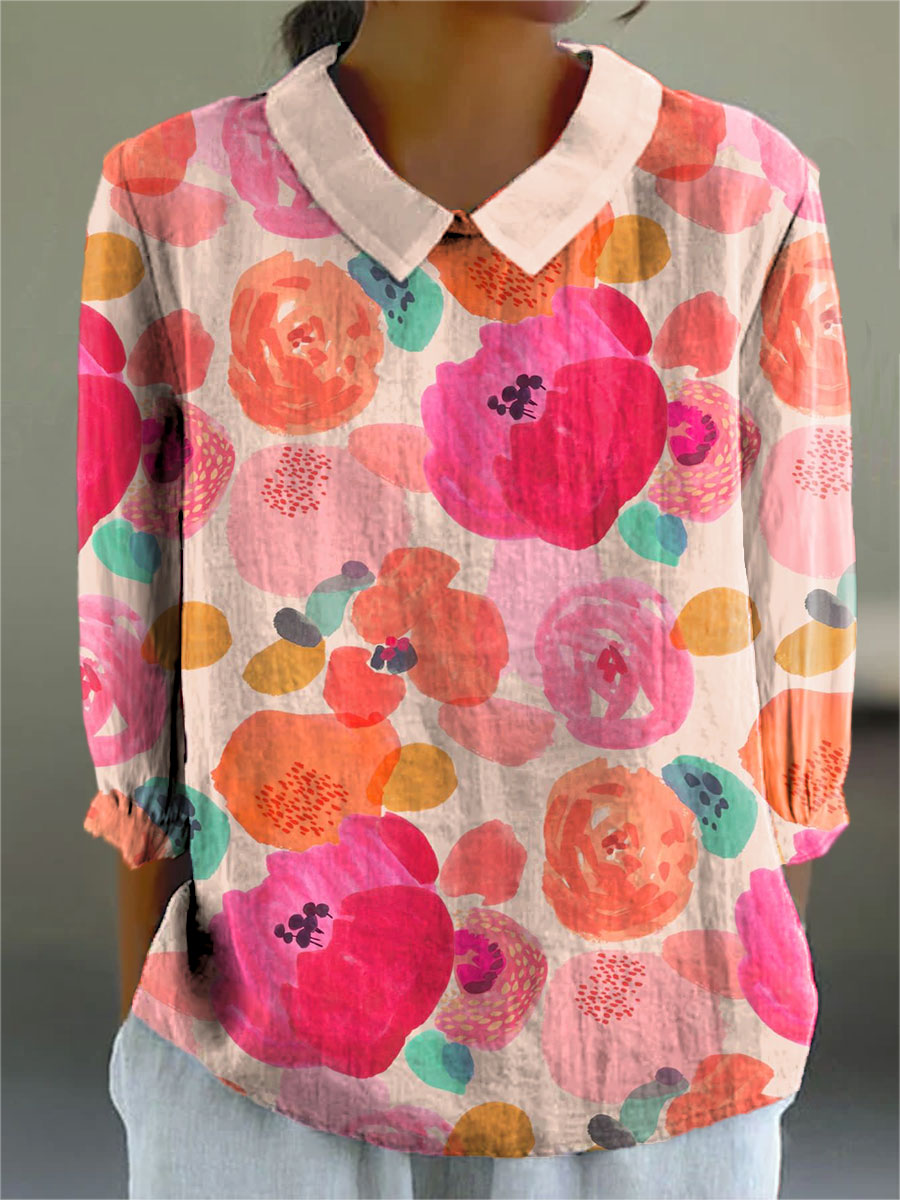 Women's Flower Colors Floral Pattern Print Casual Cotton And Linen 3/4 Sleeve Shirt