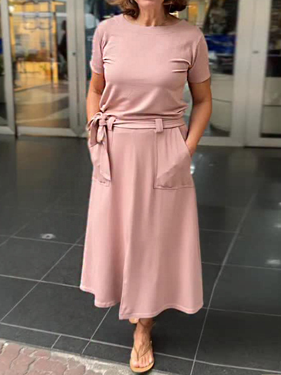 Women's Solid Color Round Neck Short Sleeve Casual Cotton Top High Waist Lace-up Casual Loose A-Line Skirt