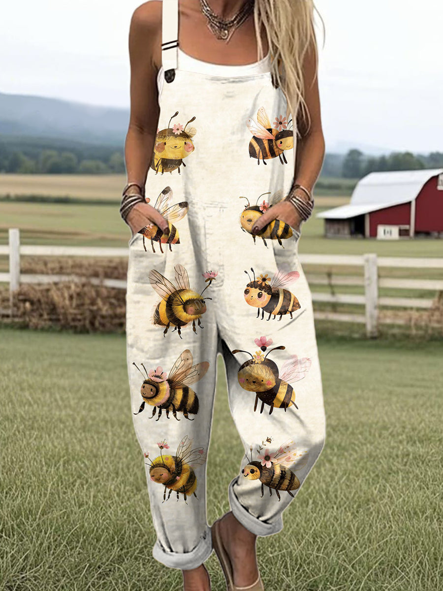 Women's Cute Insect Bee Drawing Art Print Casual 100% Cotton Wide Leg Jumpsuit