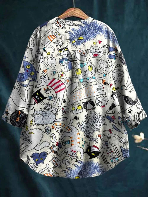 Women's Cat Art Print Casual Cotton And Linen Shirt