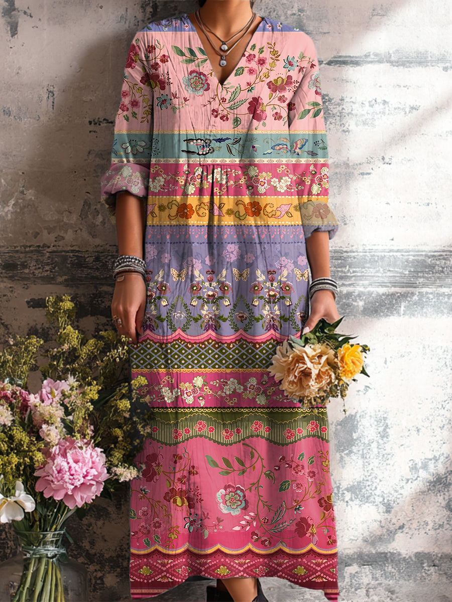 Women's Vintage Ethnic Floral Geometric Stripe Pattern Art Print Dress