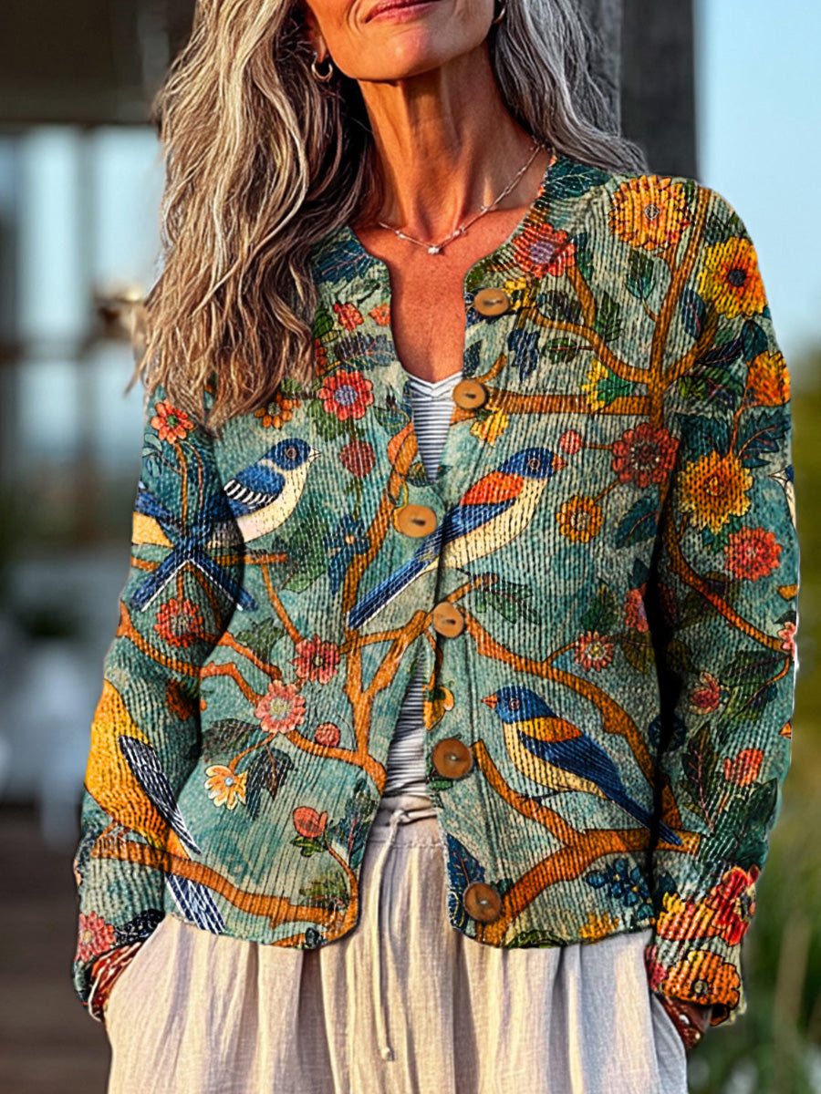 vintage-flower-and-bird-painting-art-print-buttoned-cardigan-sweater