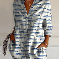 Women's Printed with Small Blue Fish Print Casual Cotton Shirt