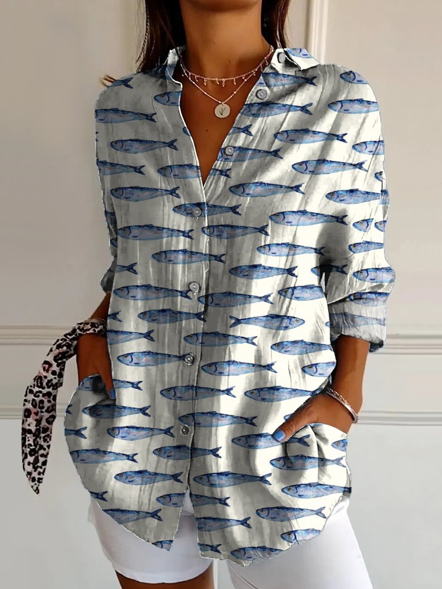 Women's Printed with Small Blue Fish Print Casual Cotton Shirt
