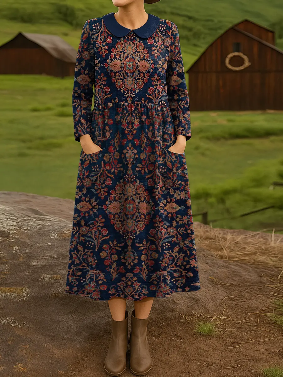 Women's Vintage Pattern Print Cotton Lapel Button-Down Shirt Dress