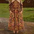 Women's Beautiful Vintage Ethnic Geometric Floral Art Print Cotton Lapel Button-Down Shirt Dress
