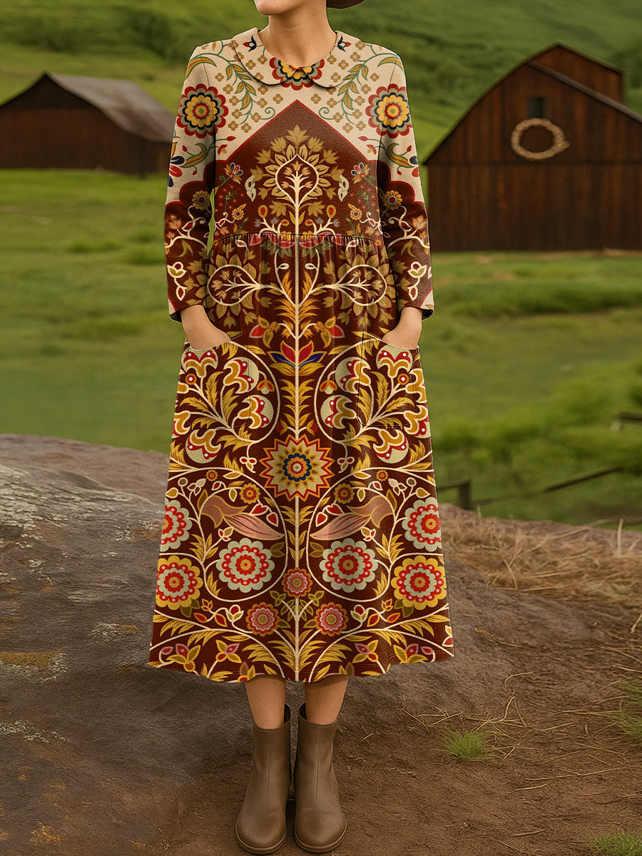 Women's Beautiful Vintage Ethnic Geometric Floral Art Print Cotton Lapel Button-Down Shirt Dress