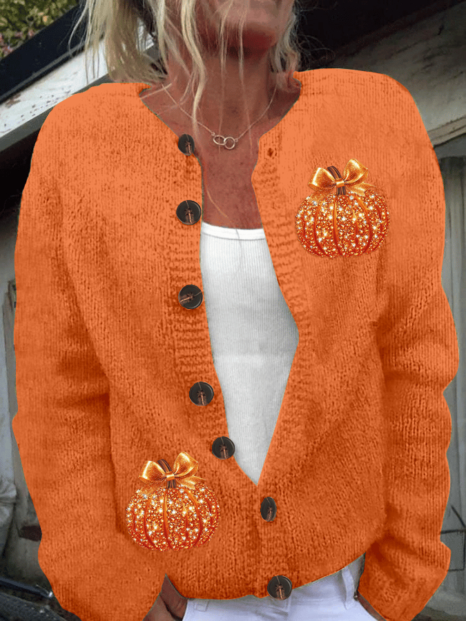 Vintage Shiny Pumpkin Art Print Buttoned Cardigan Sweater