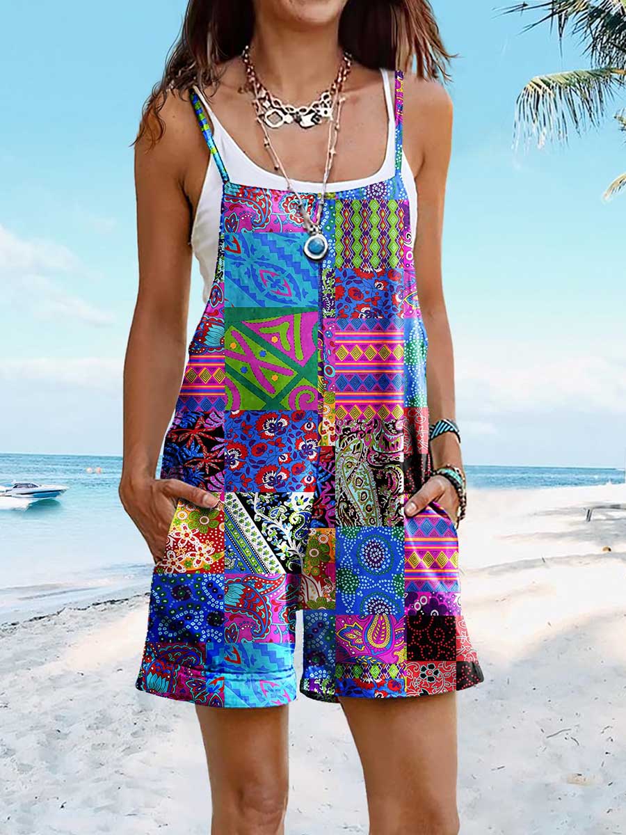 Women's Vintage Ethnic Paisley Print Loose Linen Suspender Jumpsuit