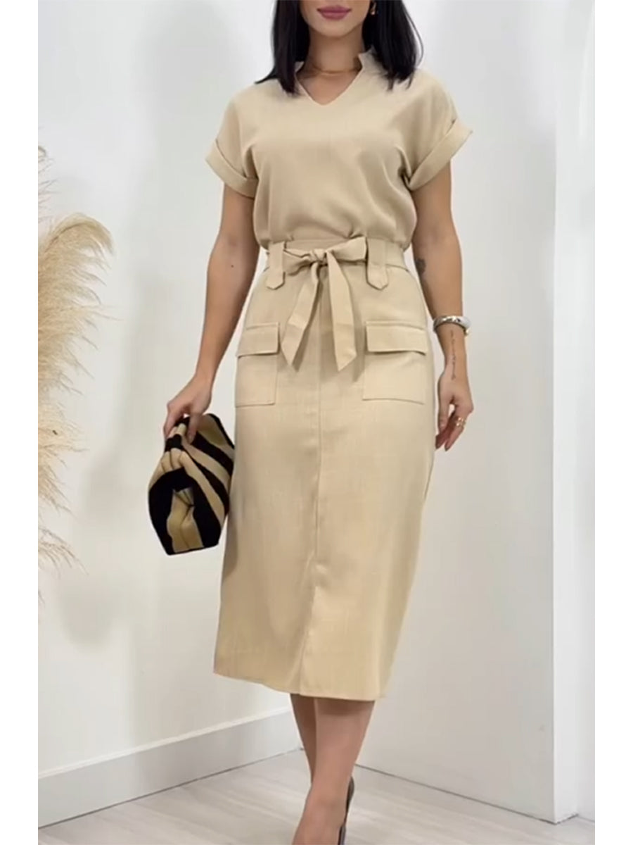 Women's Linen Cotton Short-sleeved Top and Tie Skirt Two-piece Set