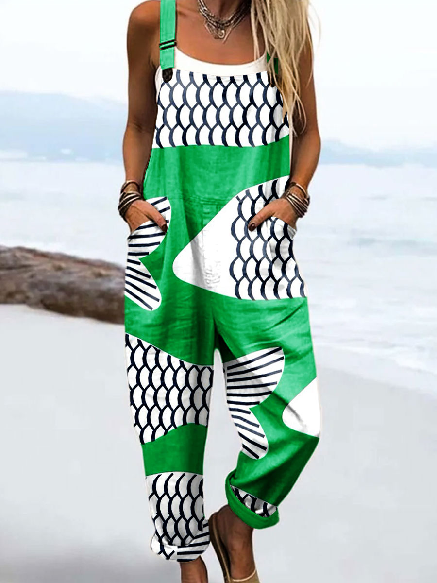 Women's Vintag Abstract Fish Art Print Casual 100% Cotton Wide Leg Jumpsuit