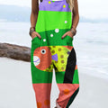 Women's Colorful Abstract Fish Art Print Casual 100% Cotton Wide Leg Jumpsuit