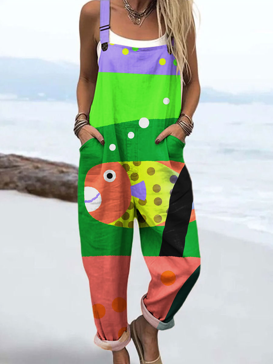 Women's Colorful Abstract Fish Art Print Casual 100% Cotton Wide Leg Jumpsuit