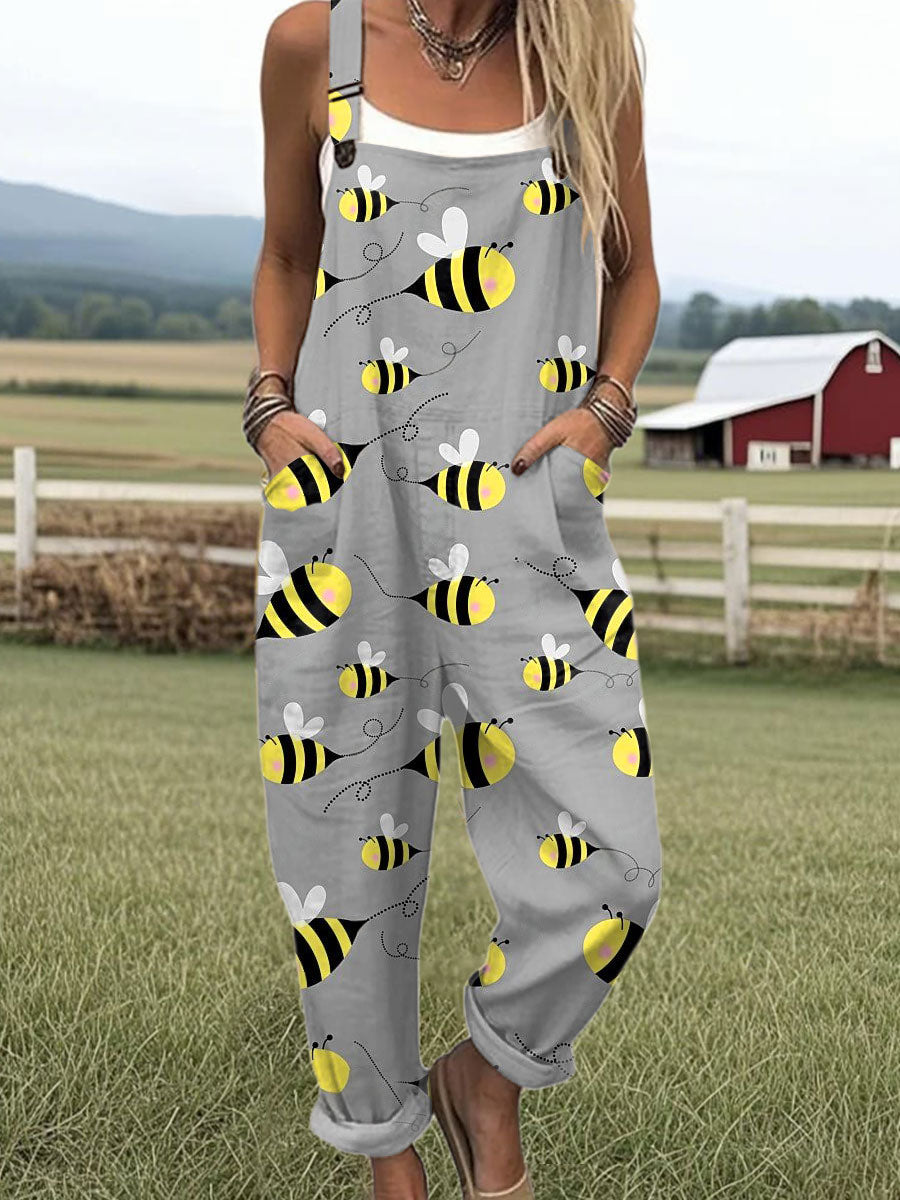 Women's  Bee Art Print Casual 100% Cotton Wide Leg Jumpsuit