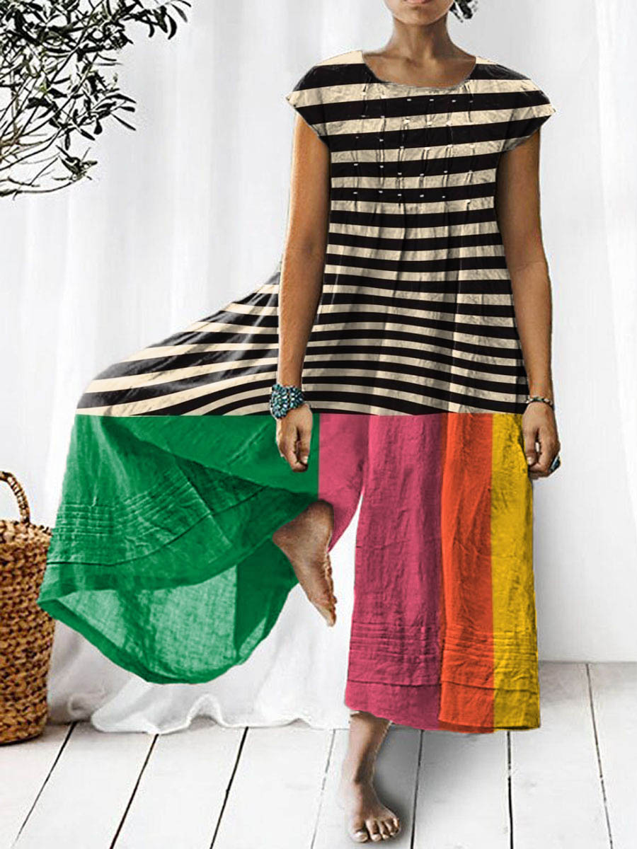 Women's Abstract Geometric Pattern Art Print Casual Denim Jumpsuit