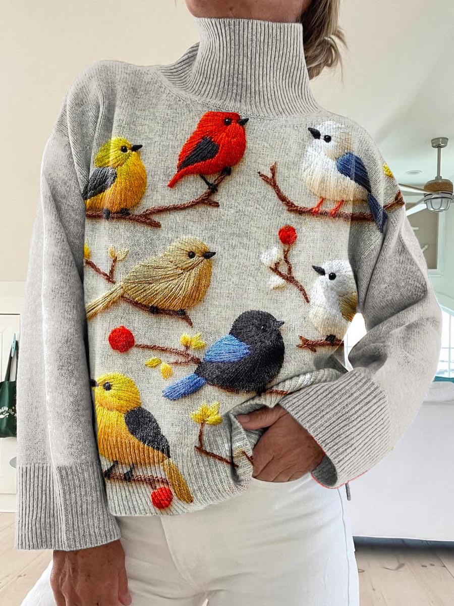 Women's Lovely Birds Pattern Art Print Knit Turtleneck Pullover Sweater