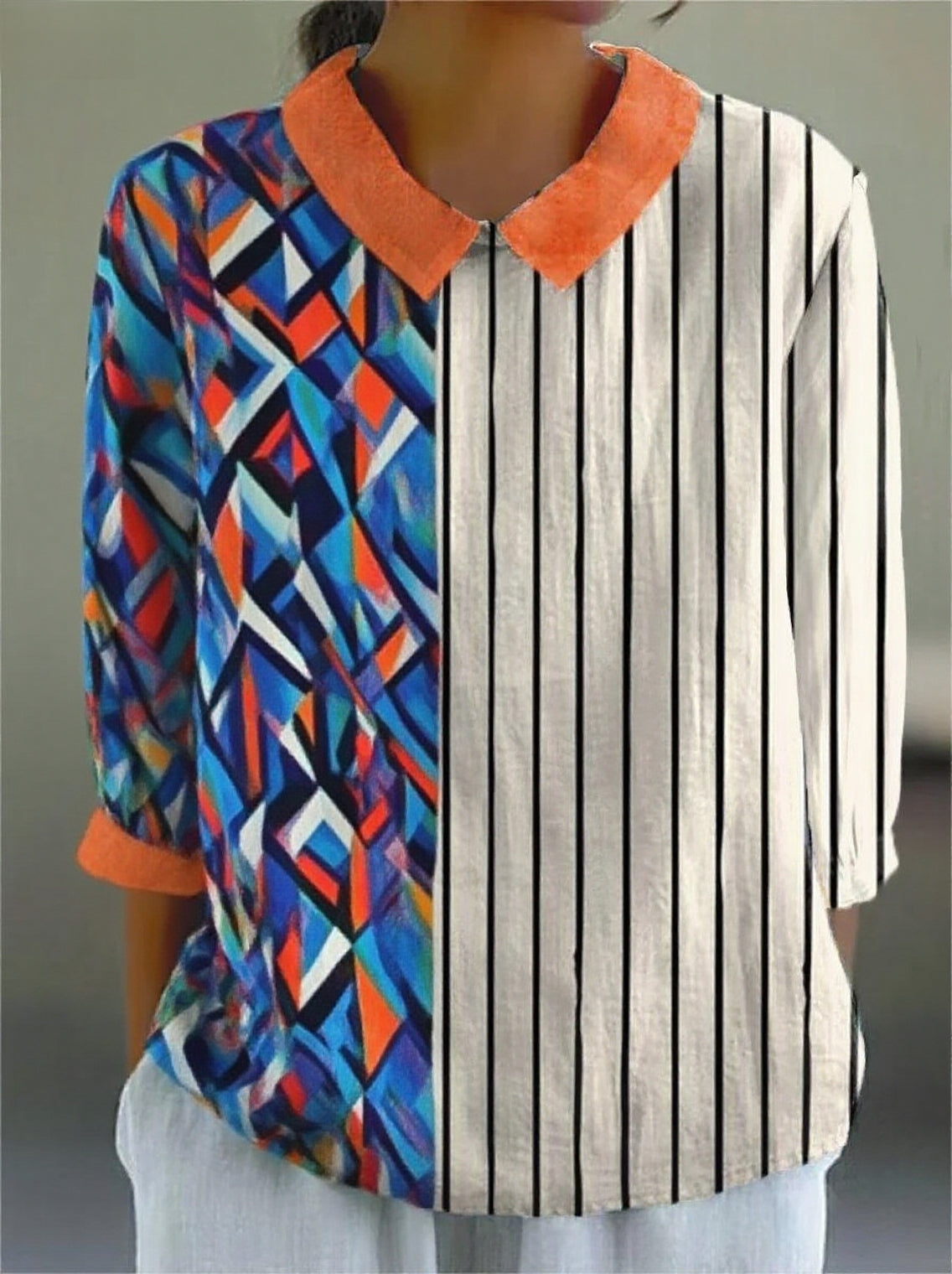 Women¡¯s Colorful Patchwork Striped Cotton Linen 3/4 Sleeve Shirt