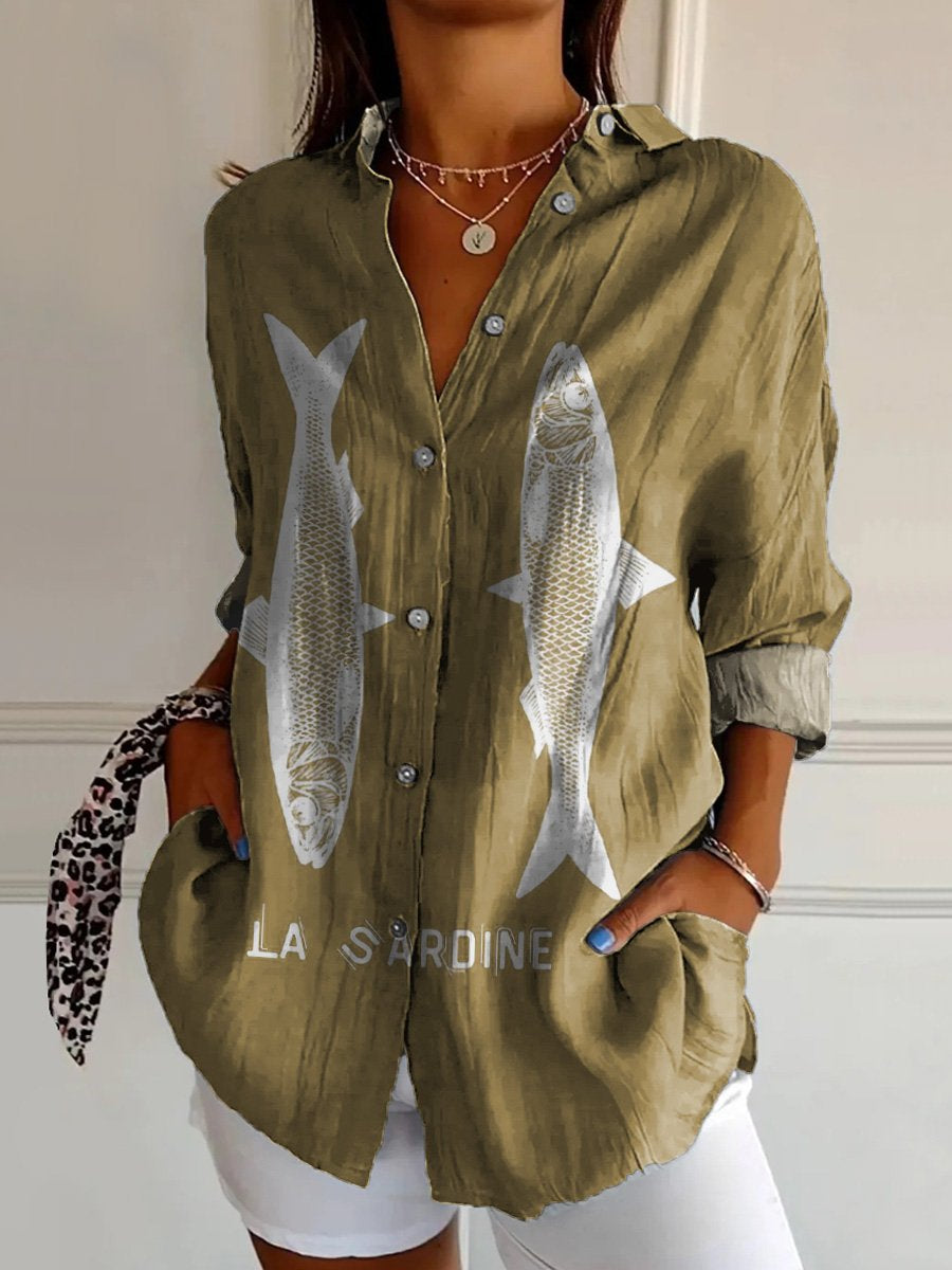 Sardine Fish Graphic Printed Women's Casual Cotton Shirt