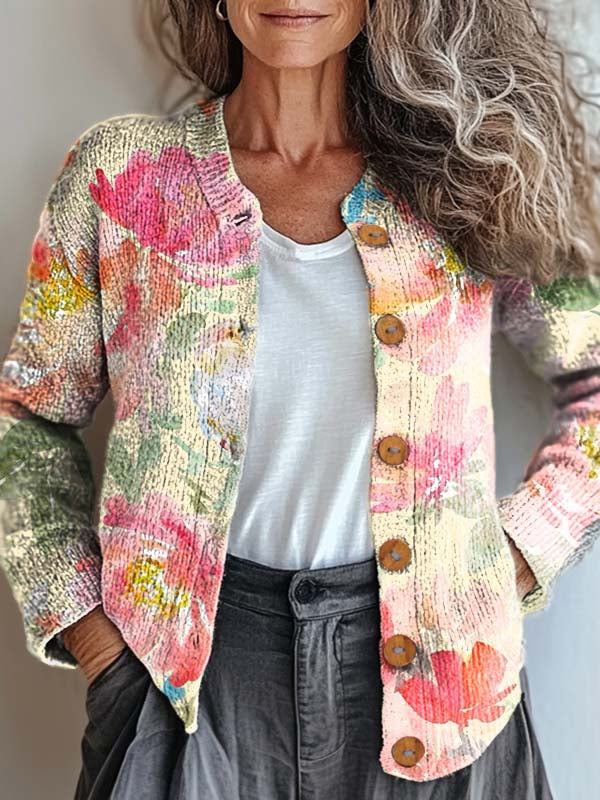 womens-retro-art-watercolor-flowers-print-buttoned-cardigan-sweater