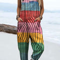 Women's Retro Colorful Abstract Stripes Art Print Casual 100% Cotton Wide Leg Jumpsuit
