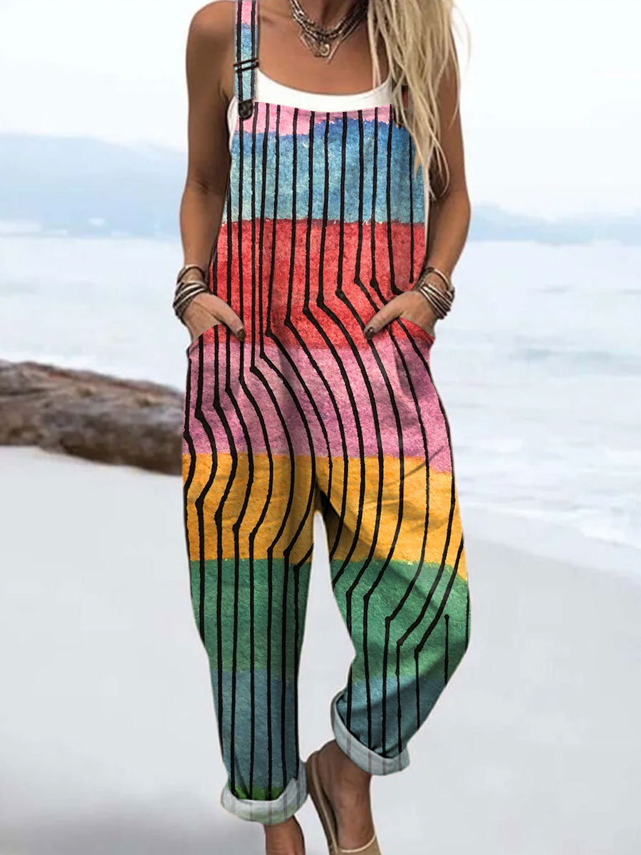 Women's Retro Colorful Abstract Stripes Art Print Casual 100% Cotton Wide Leg Jumpsuit