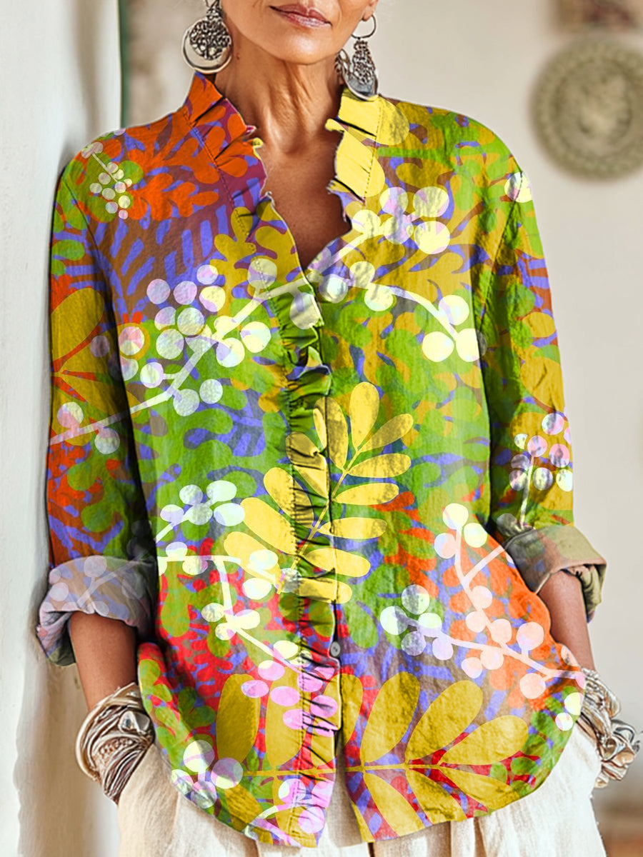 Women's Beautiful Colorful Leaves Painting Art Print Casual Cotton And Linen Ruffle Shirt