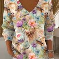 Women's Vintage Flower Highland Cattle Art Print Casual Pullover Sweater