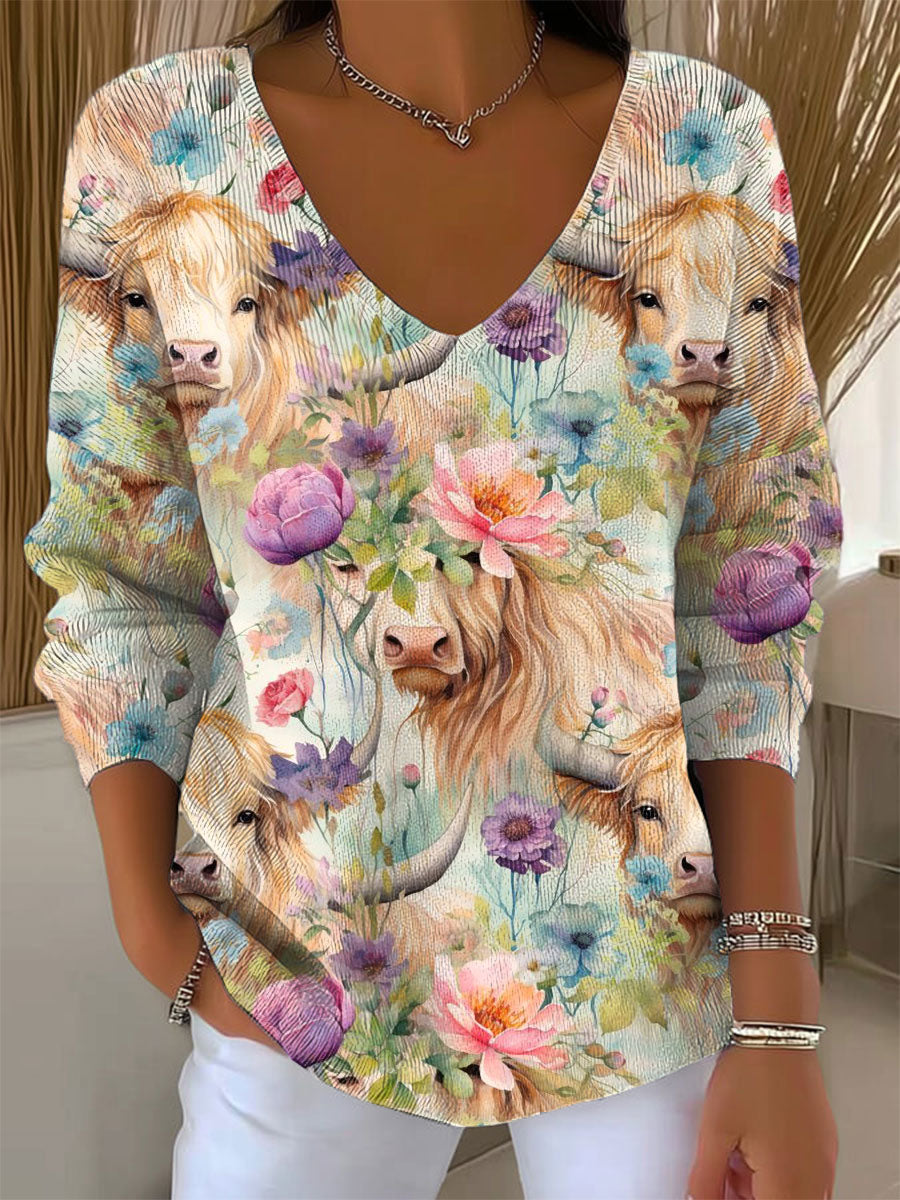 Women's Vintage Flower Highland Cattle Art Print Casual Pullover Sweater