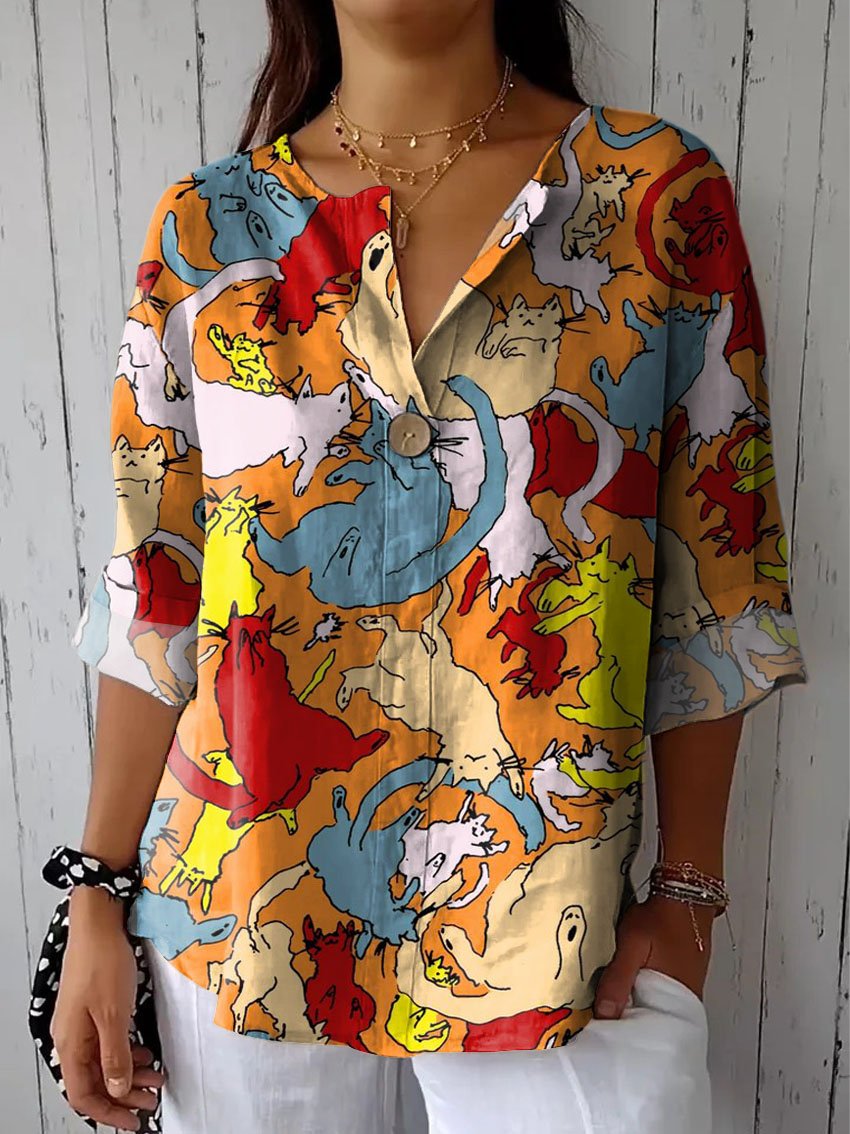 Women's Vintage Lovely Cats Art Print Casual Cotton Linen Shirt