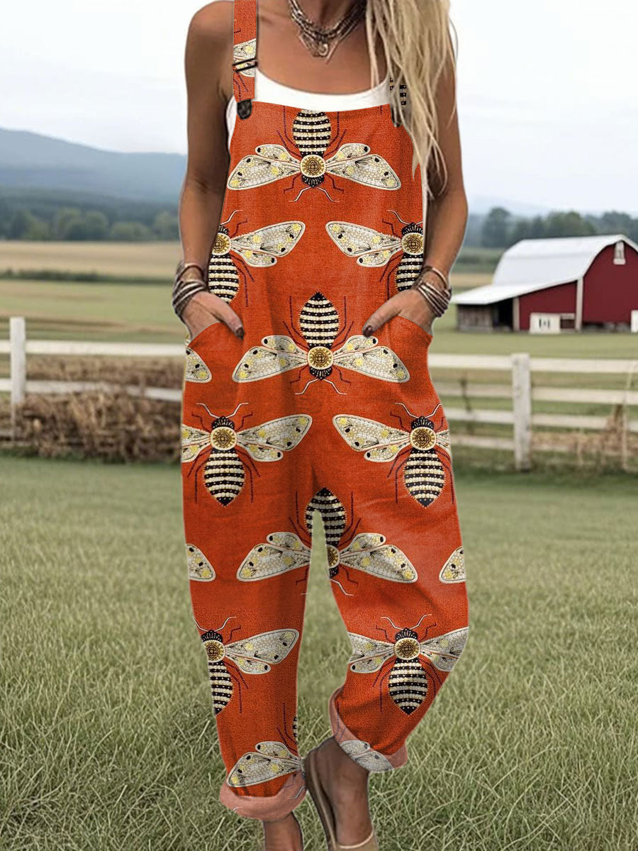 Women's  Funny Farm Bee Art Print Casual 100% Cotton Wide Leg Jumpsuit