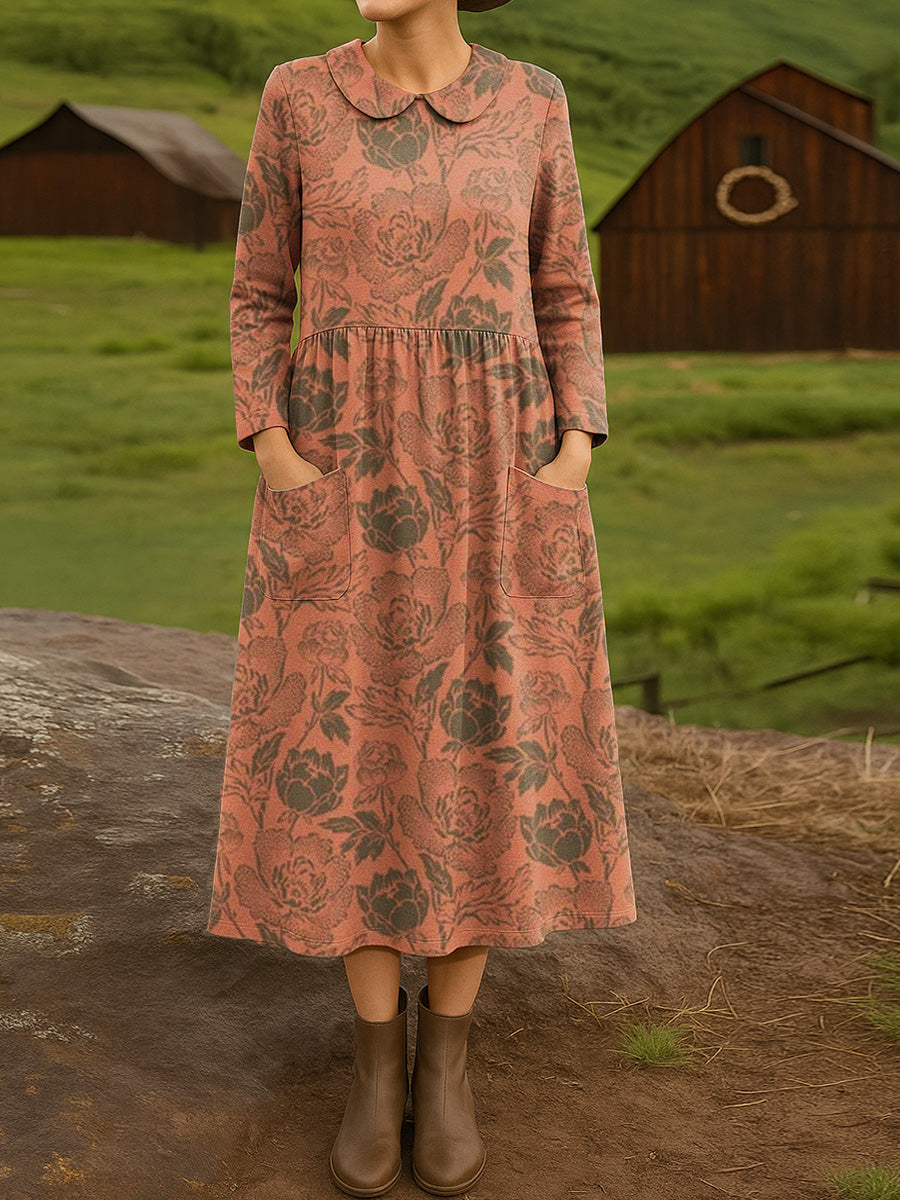 Women's Beautiful Vintage Floral Art Print Cotton Lapel Button-Down Shirt Dress